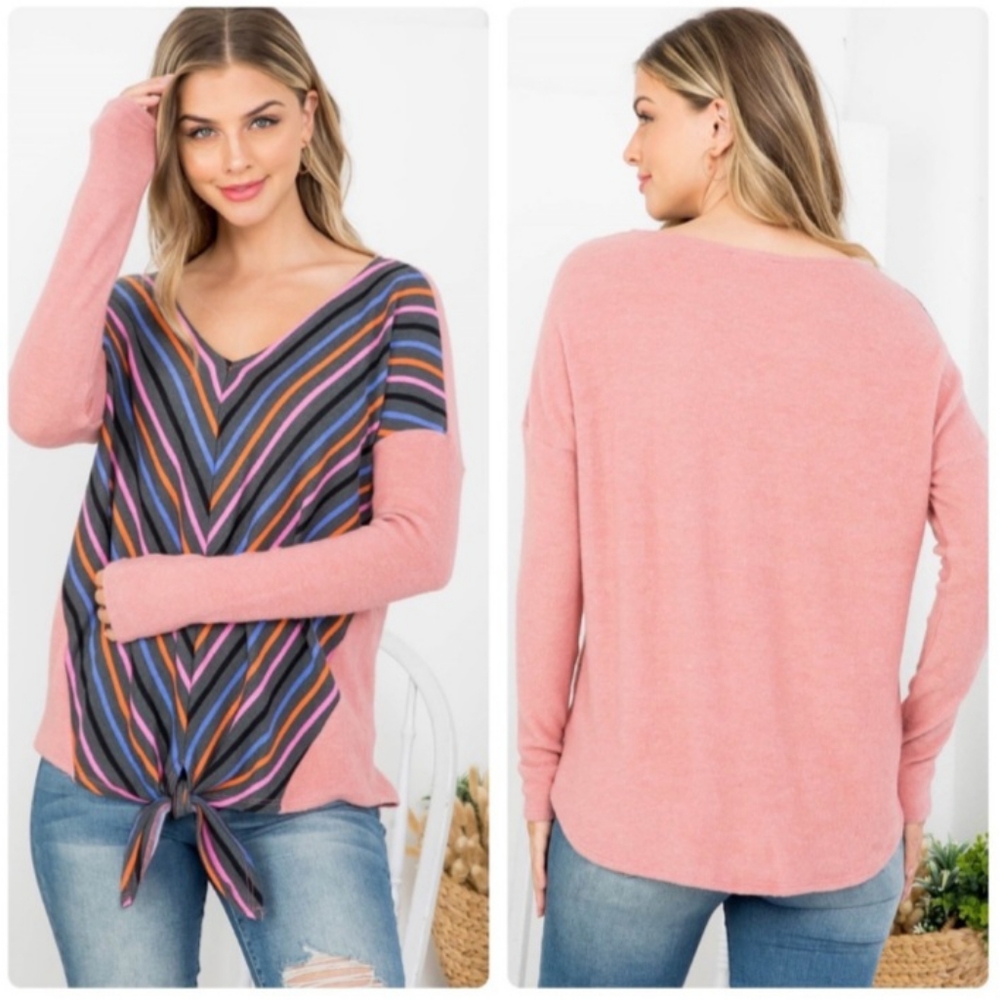 🍂Boho Long-Sleeved Tie-Front Top Pink and Gray